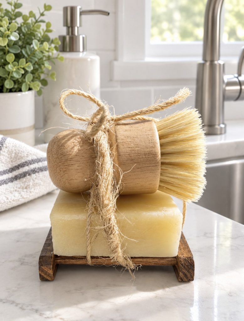 Eco-Friendly Natural Anti-Bacterial Soap Dish Set. Includes brush and wooden soap holder.